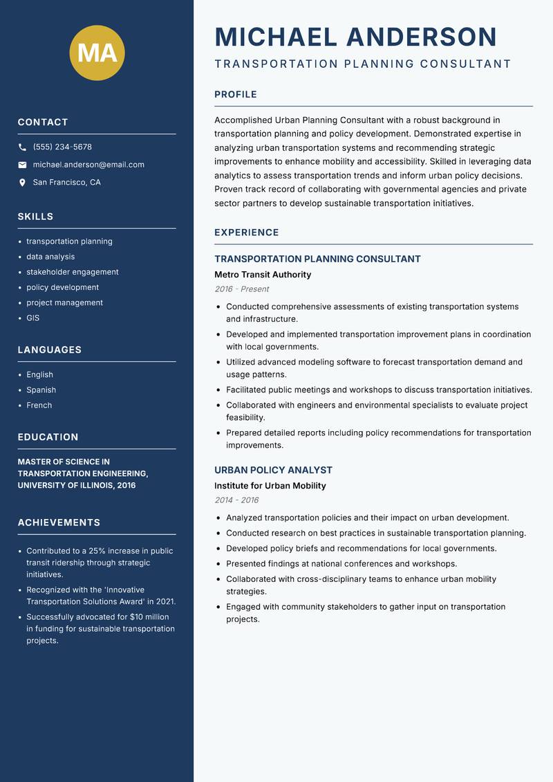 Urban Planning Consultant Resume Preview Example