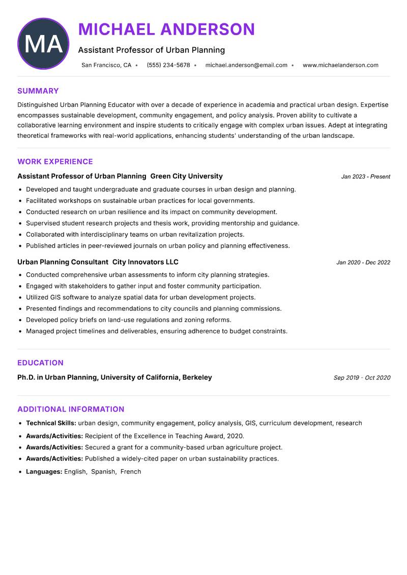 Urban Planning Educator Resume Preview Example