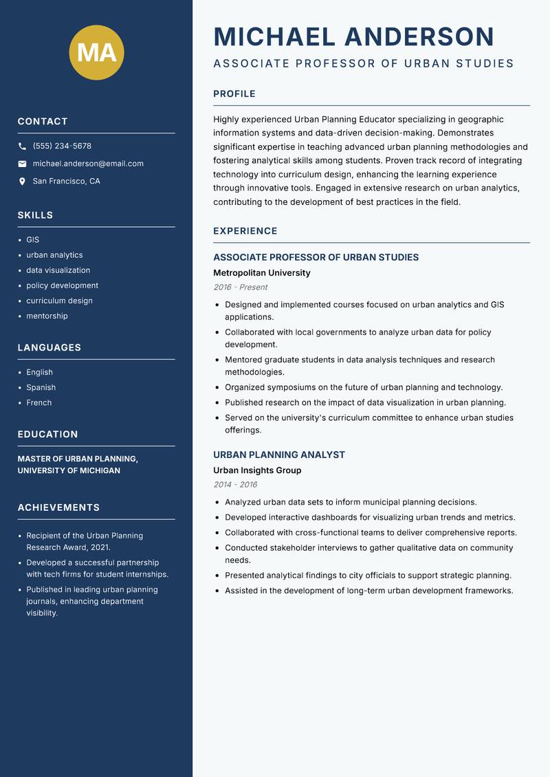 Urban Planning Educator Resume Preview Example
