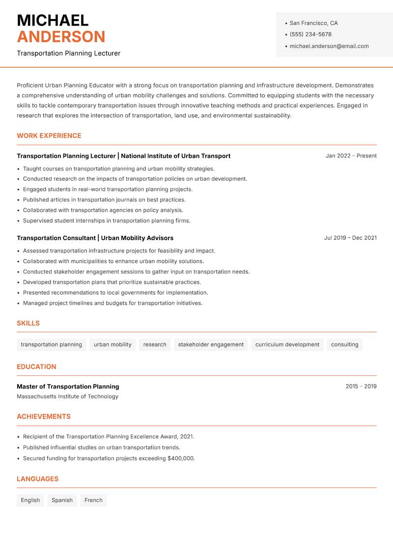 Urban Planning Educator Resume Template