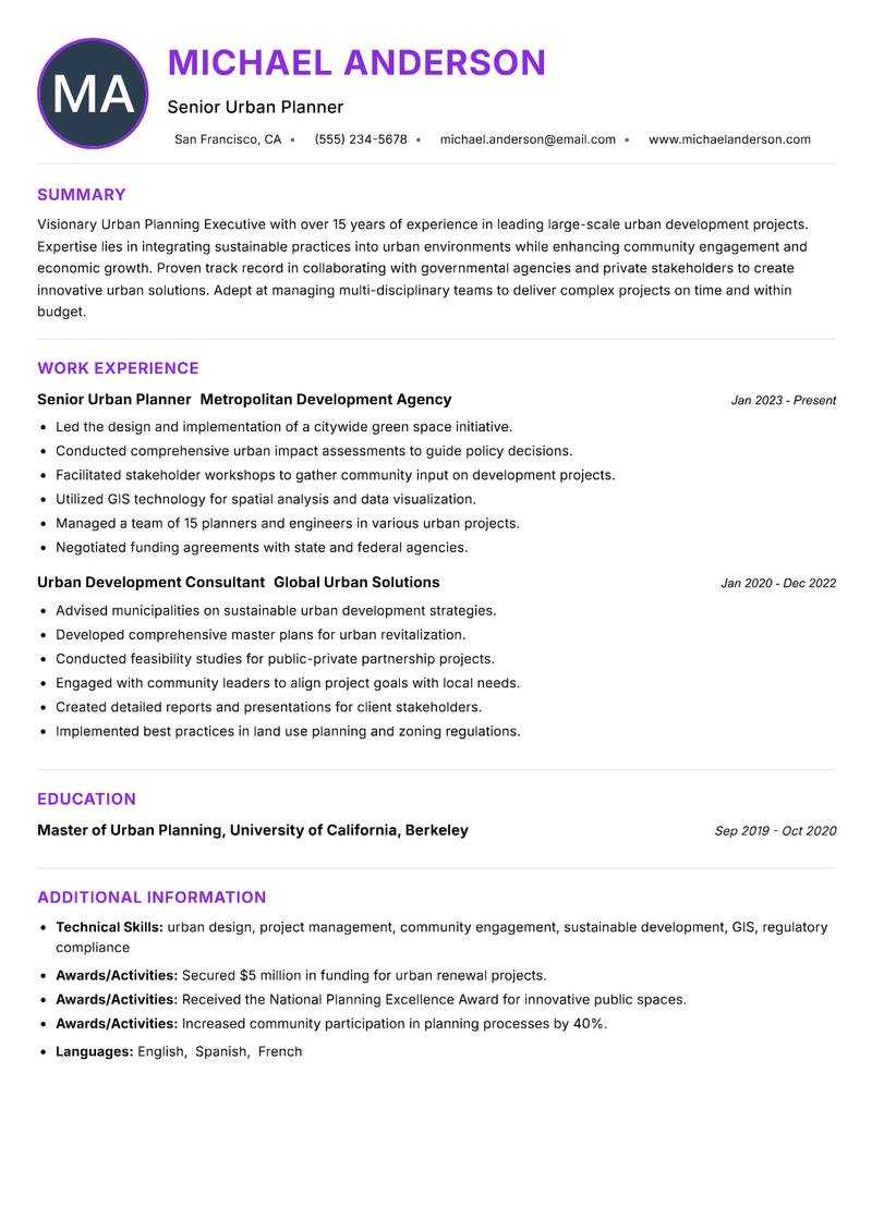 Urban Planning Executive Resume Preview Example