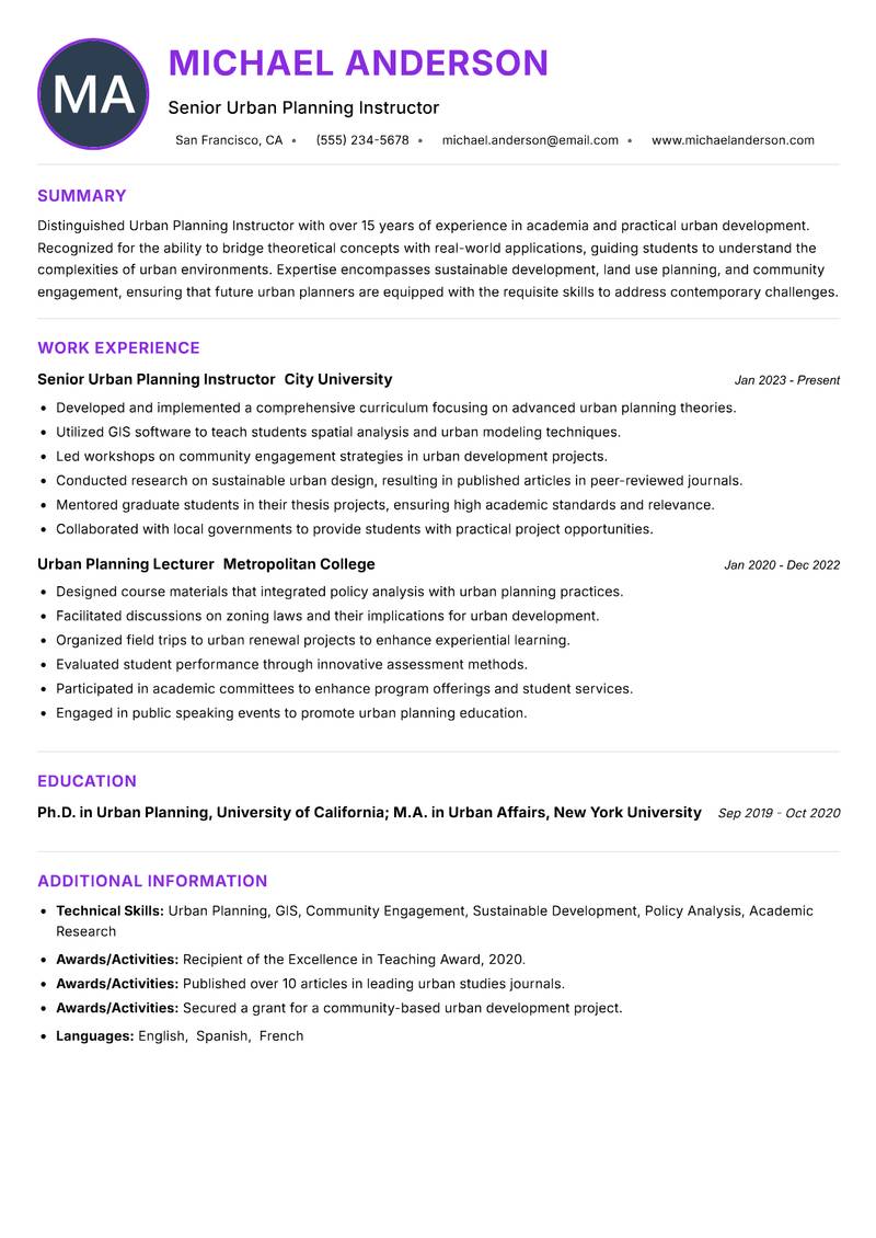 Urban Planning Instructor Resume Preview Example