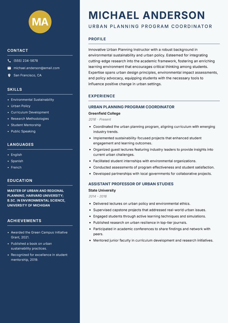 Urban Planning Instructor Resume Preview Example