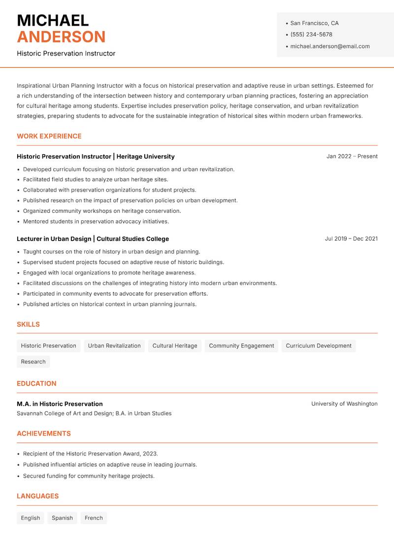 Urban Planning Instructor Resume Template