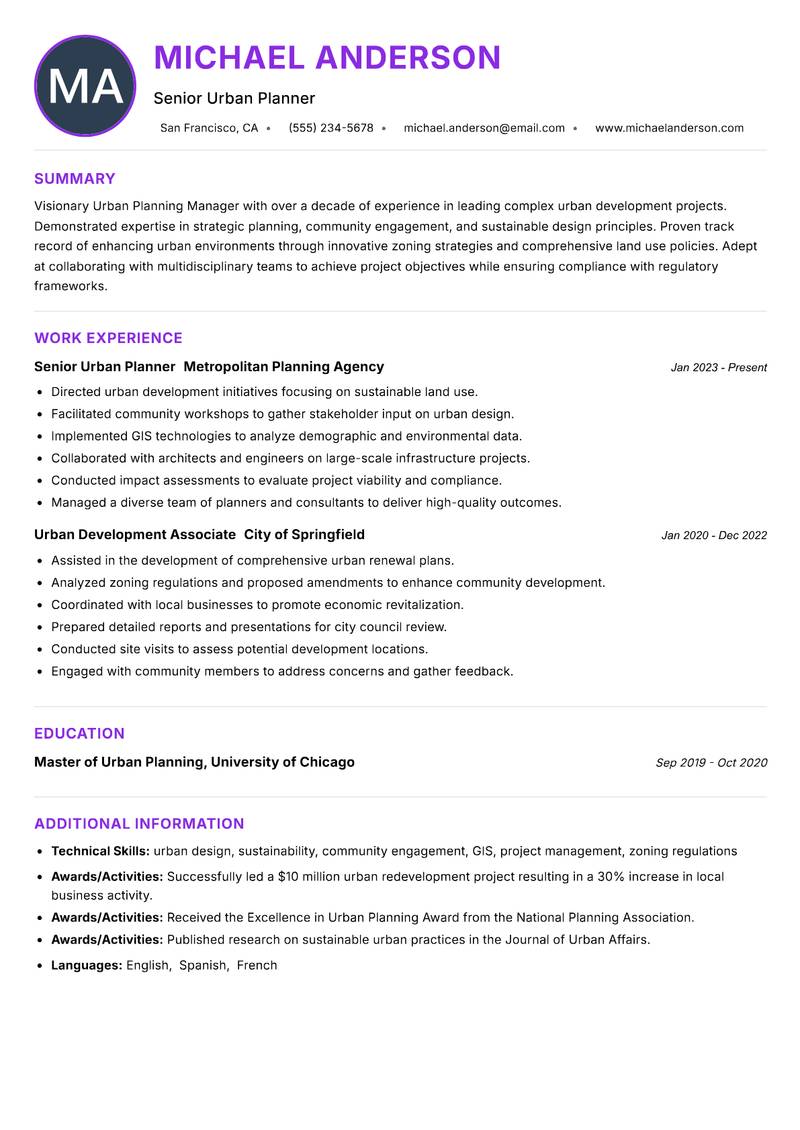 Urban Planning Manager Resume Preview Example