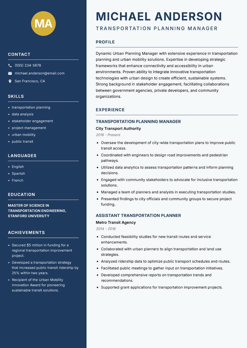 Urban Planning Manager Resume Preview Example