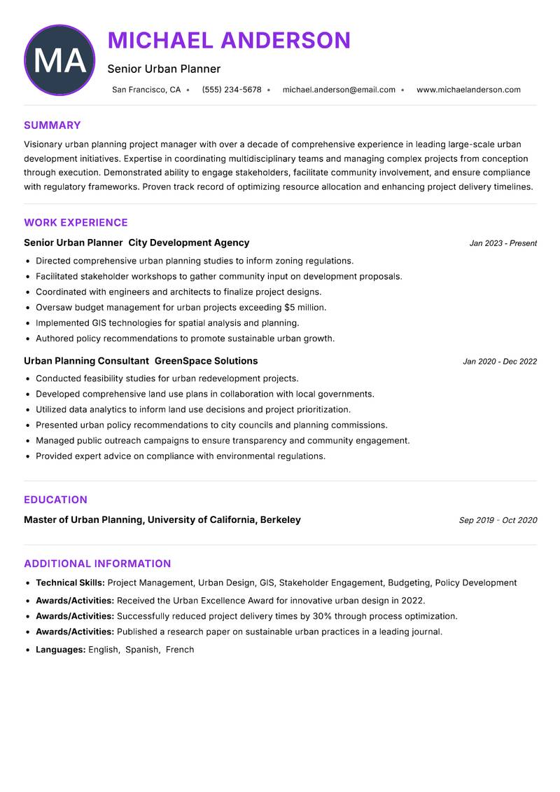 Urban Planning Project Manager Resume Preview Example