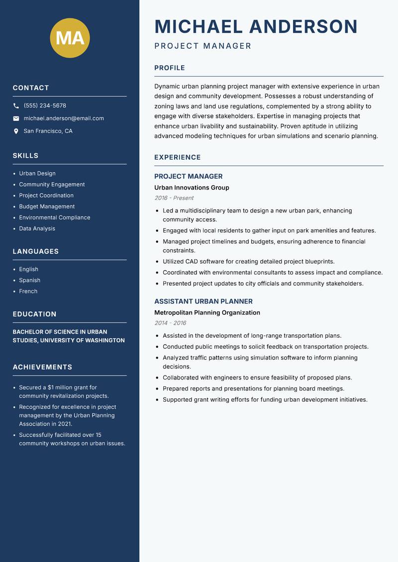 Urban Planning Project Manager Resume Preview Example