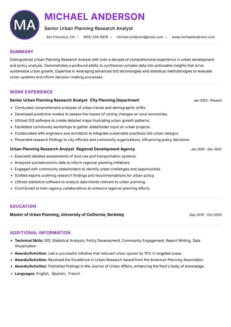 Urban Planning Research Analyst Resume Preview Example