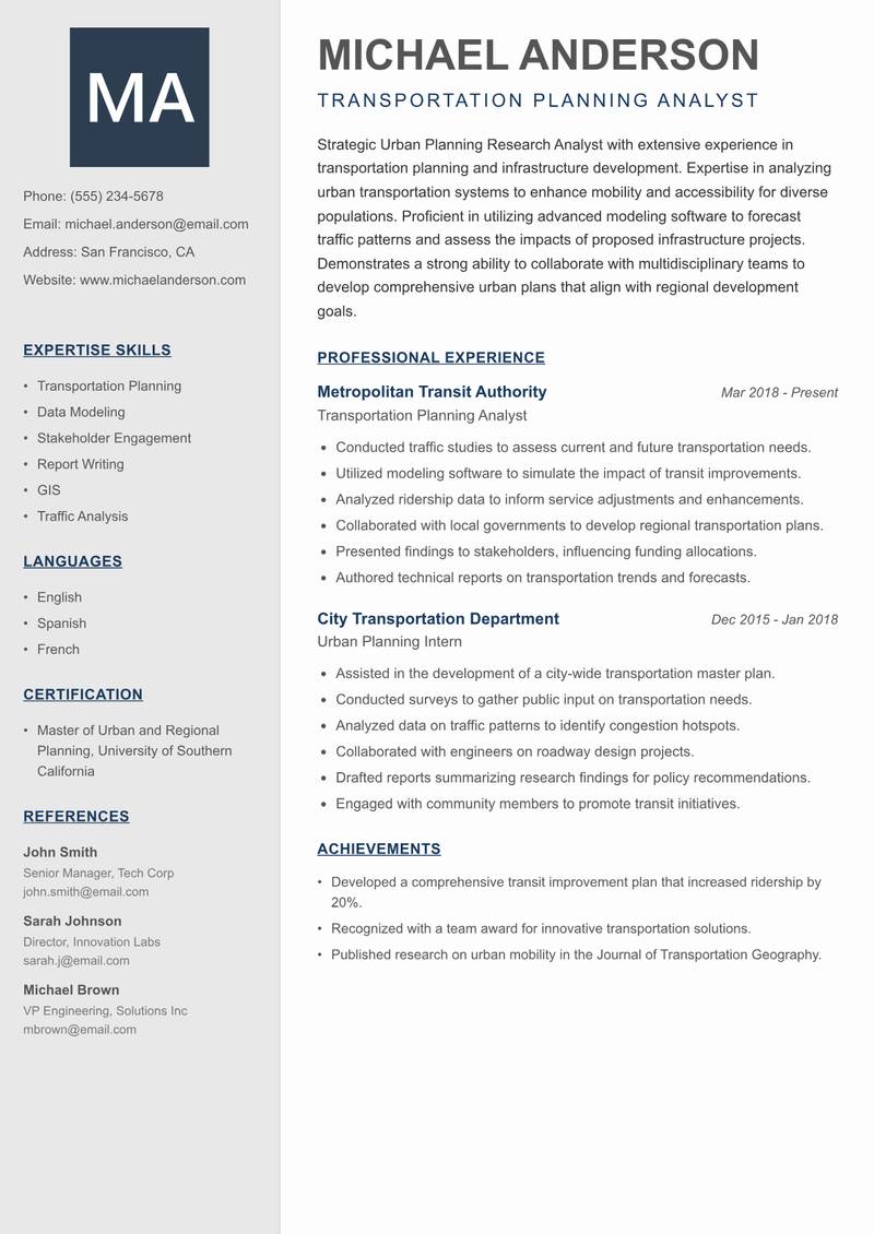 Urban Planning Research Analyst Resume Preview Example