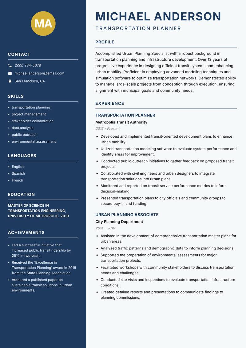 Urban Planning Specialist Resume Preview Example