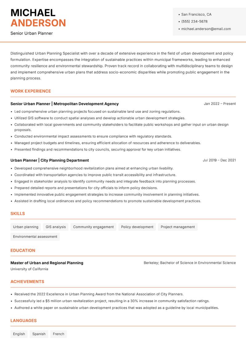 Urban Planning Specialist Resume Template