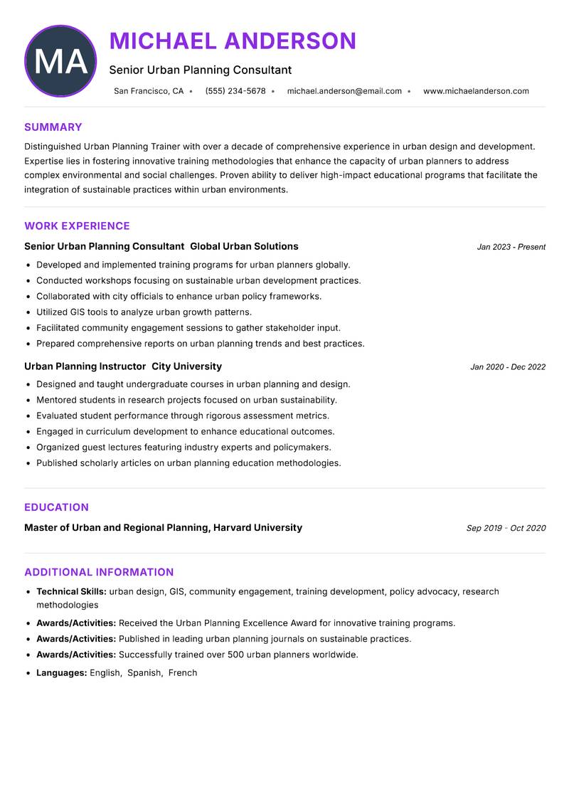 Urban Planning Trainer Resume Preview Example