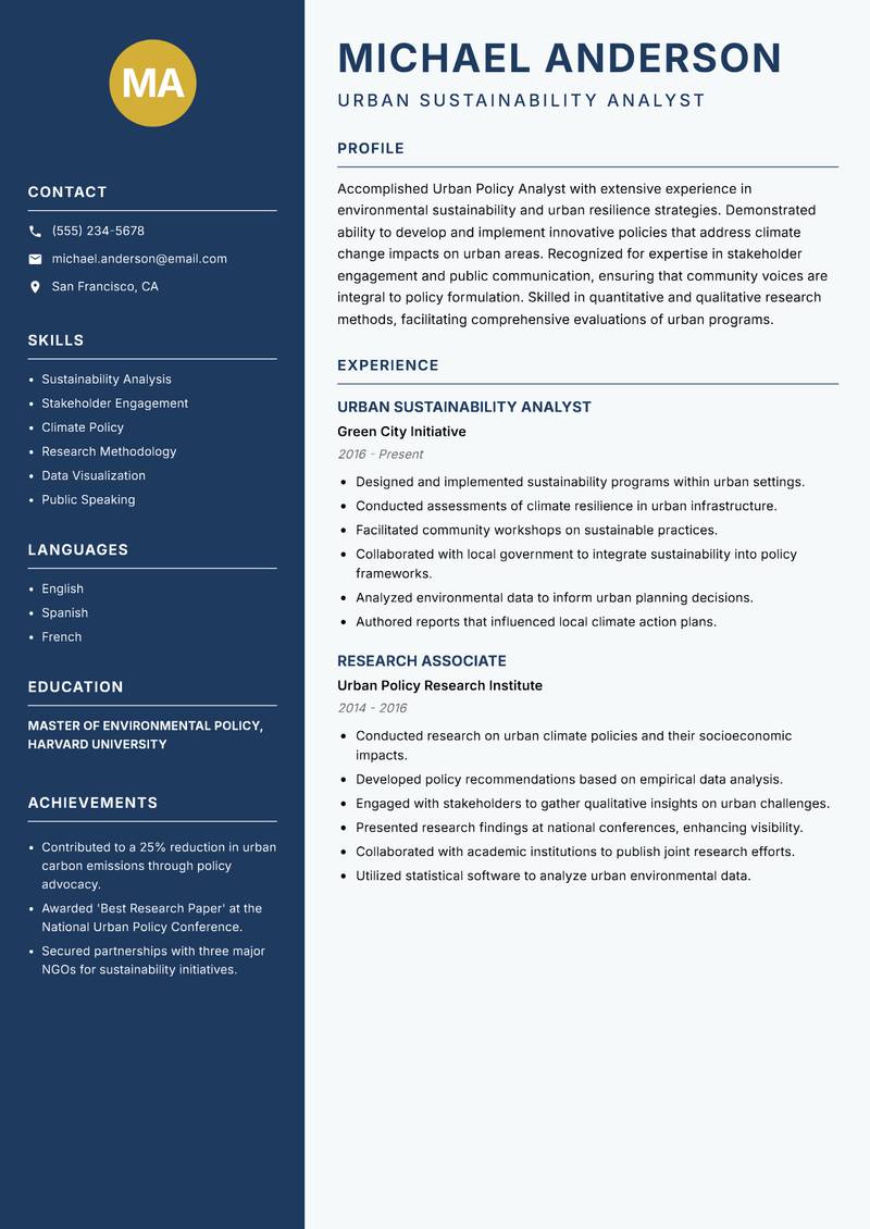 Urban Policy Analyst Resume Preview Example