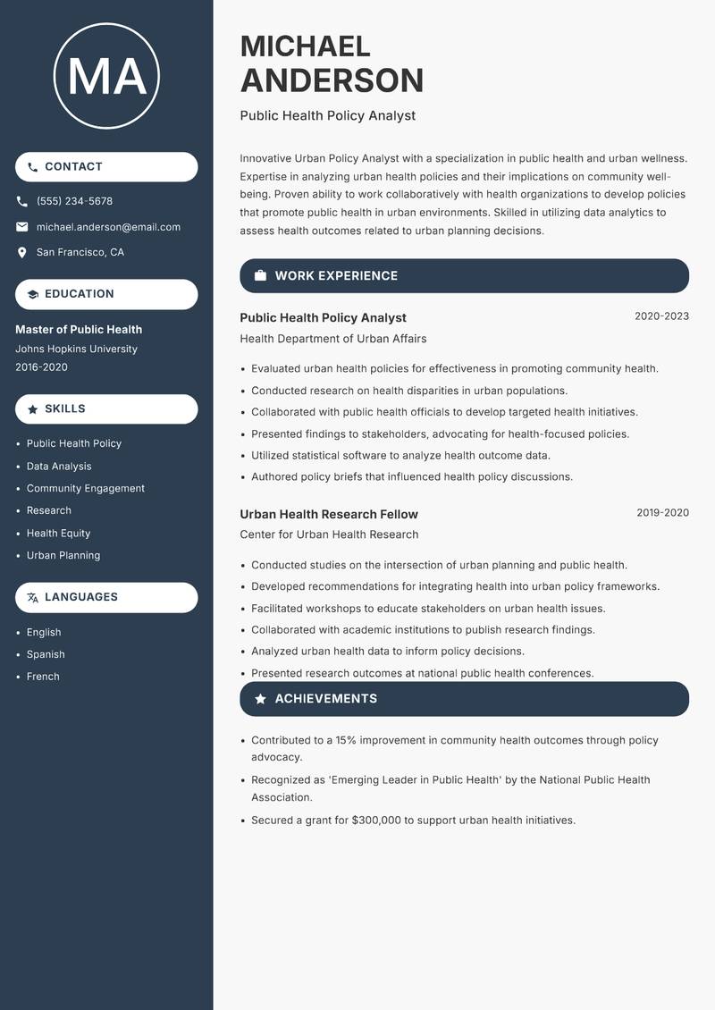 Urban Policy Analyst Resume Preview Example
