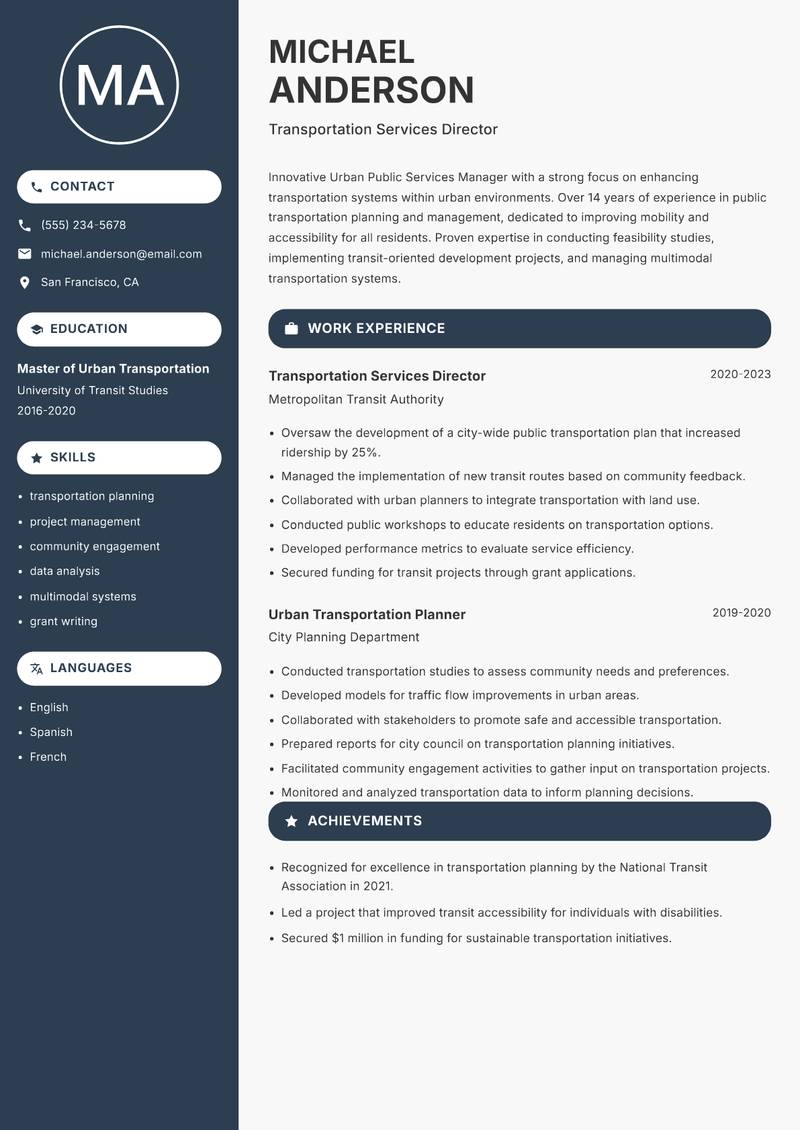 Urban Public Services Manager Resume Preview Example