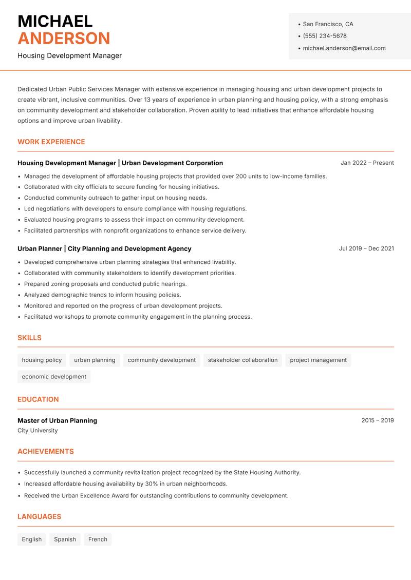Urban Public Services Manager Resume Template