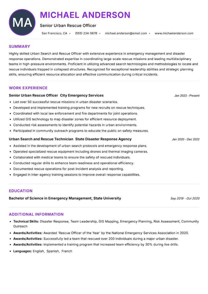 Urban Search and Rescue Officer Resume Preview Example