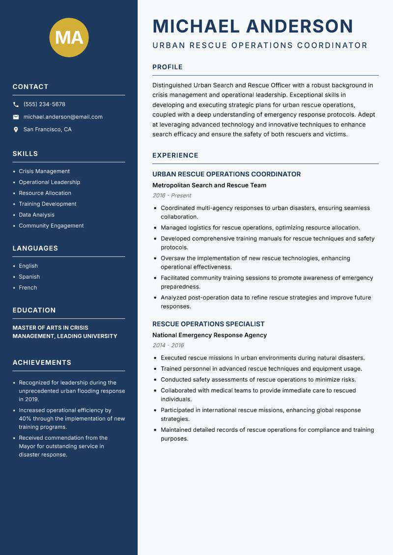 Urban Search and Rescue Officer Resume Preview Example