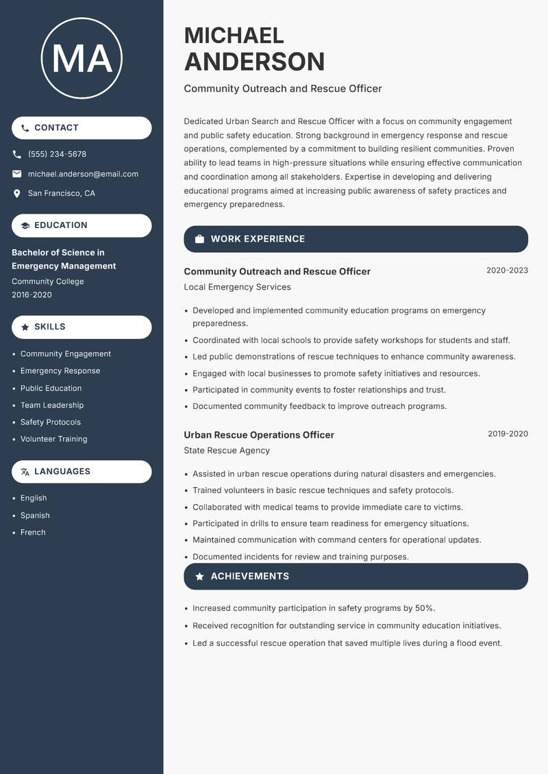 Urban Search and Rescue Officer Resume Preview Example