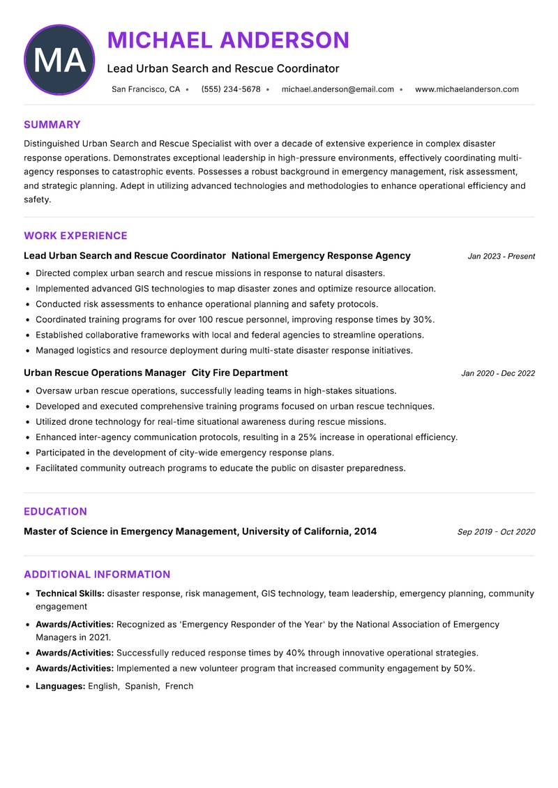 Urban Search and Rescue Specialist Resume Preview Example