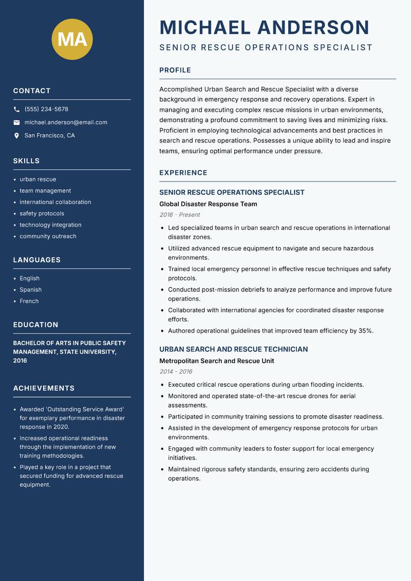 Urban Search and Rescue Specialist Resume Preview Example