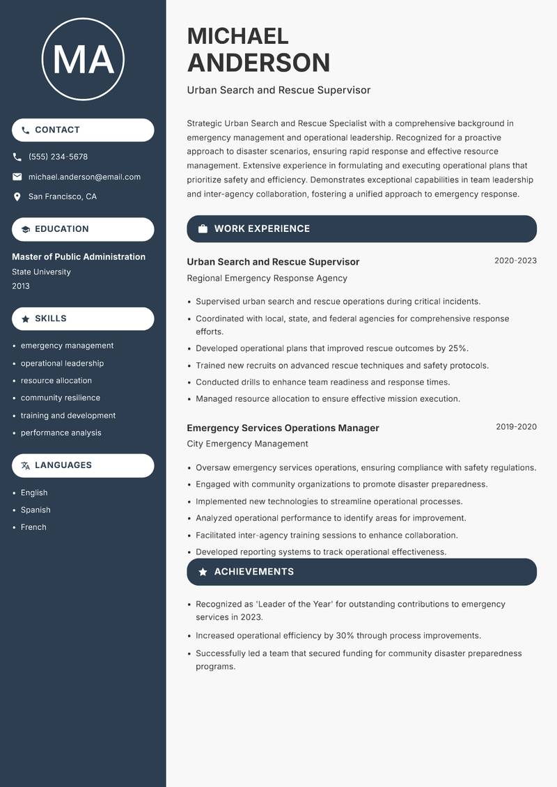 Urban Search and Rescue Specialist Resume Preview Example