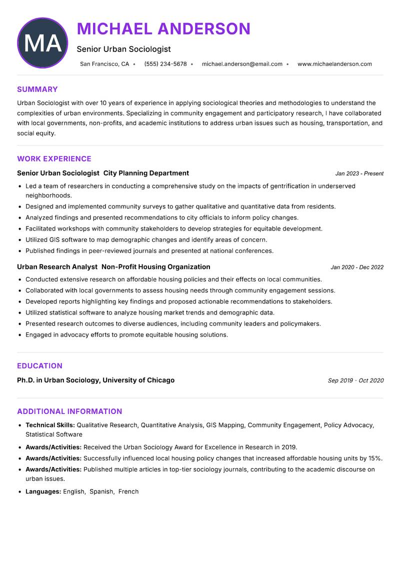 Urban Sociologist Resume Preview Example