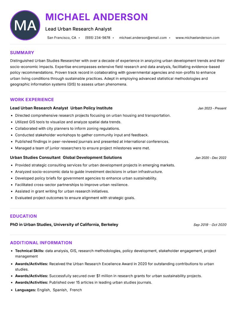 Urban Studies Researcher Resume Preview Example