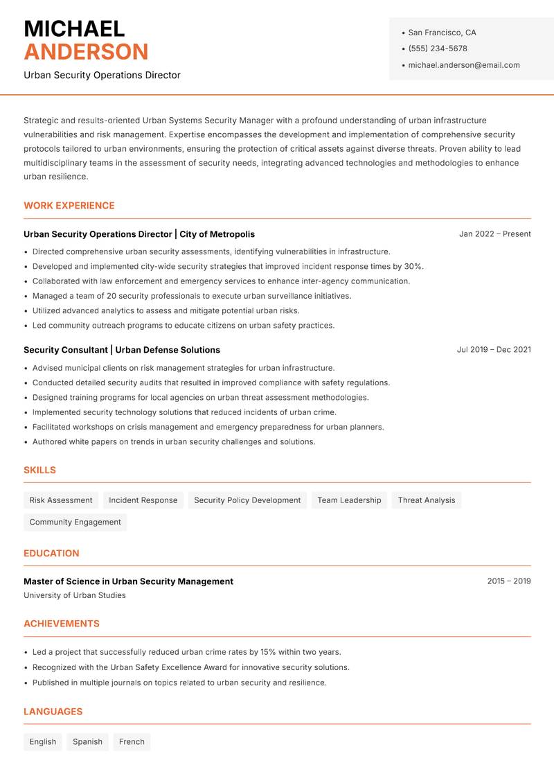Urban Systems Security Manager Resume Template
