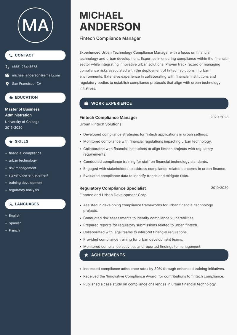 Urban Technology Compliance Manager Resume Preview Example