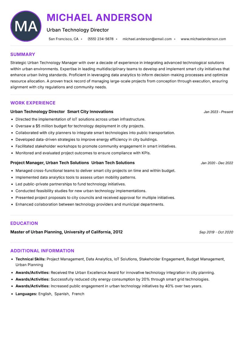 Urban Technology Manager Resume Preview Example