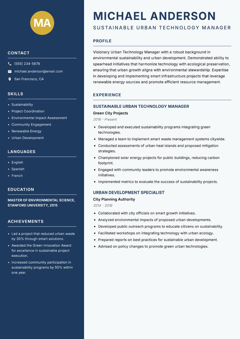 Urban Technology Manager Resume Preview Example