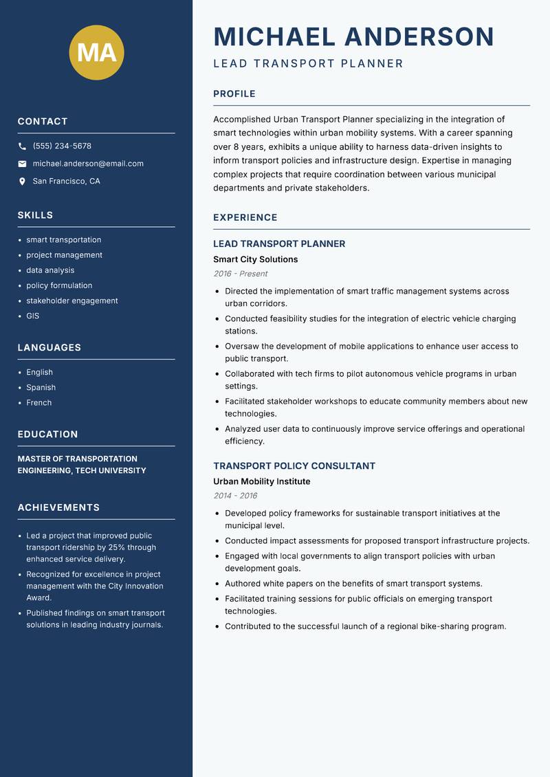 Urban Transport Planner Resume Preview Example
