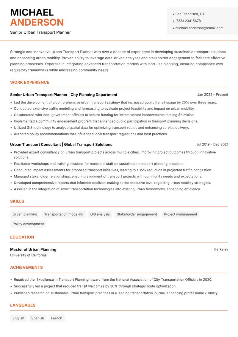 Urban Transport Planner Resume Template