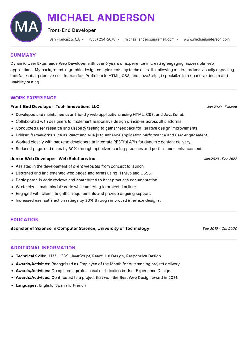 User Experience Web Developer Resume Preview Example