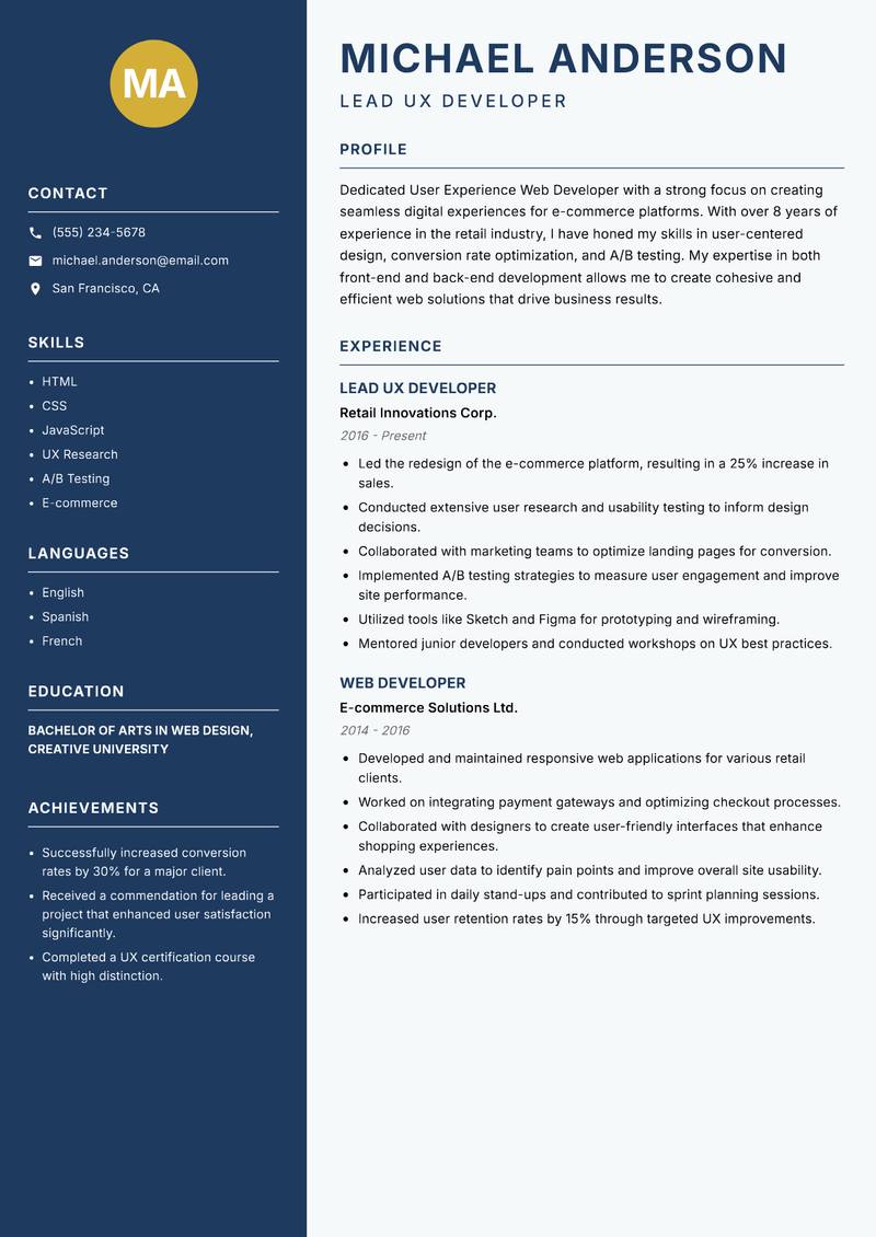 User Experience Web Developer Resume Preview Example