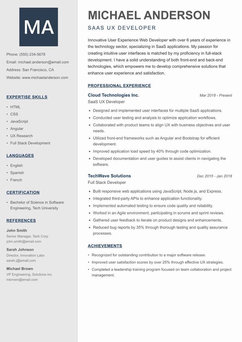 User Experience Web Developer Resume Preview Example