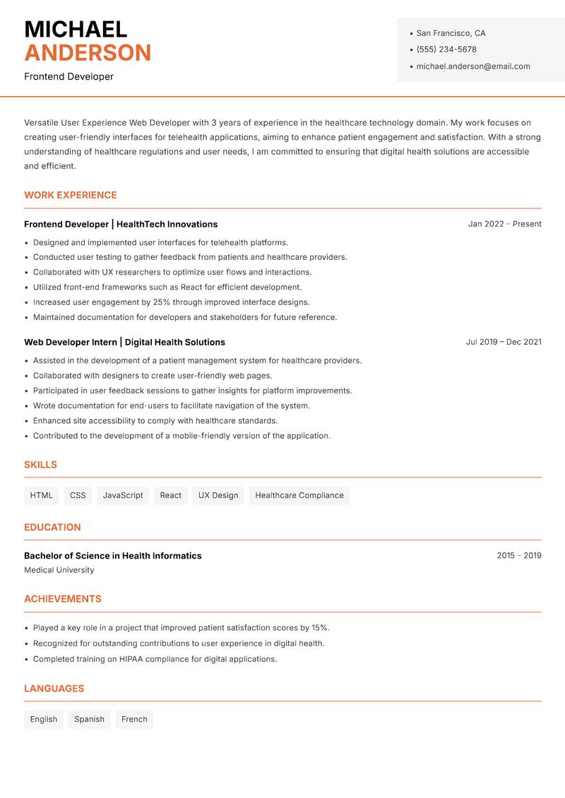 User Experience Web Developer Resume Template