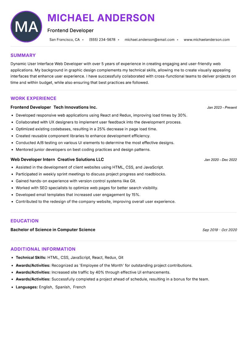 User Interface Web Developer Resume Preview Example