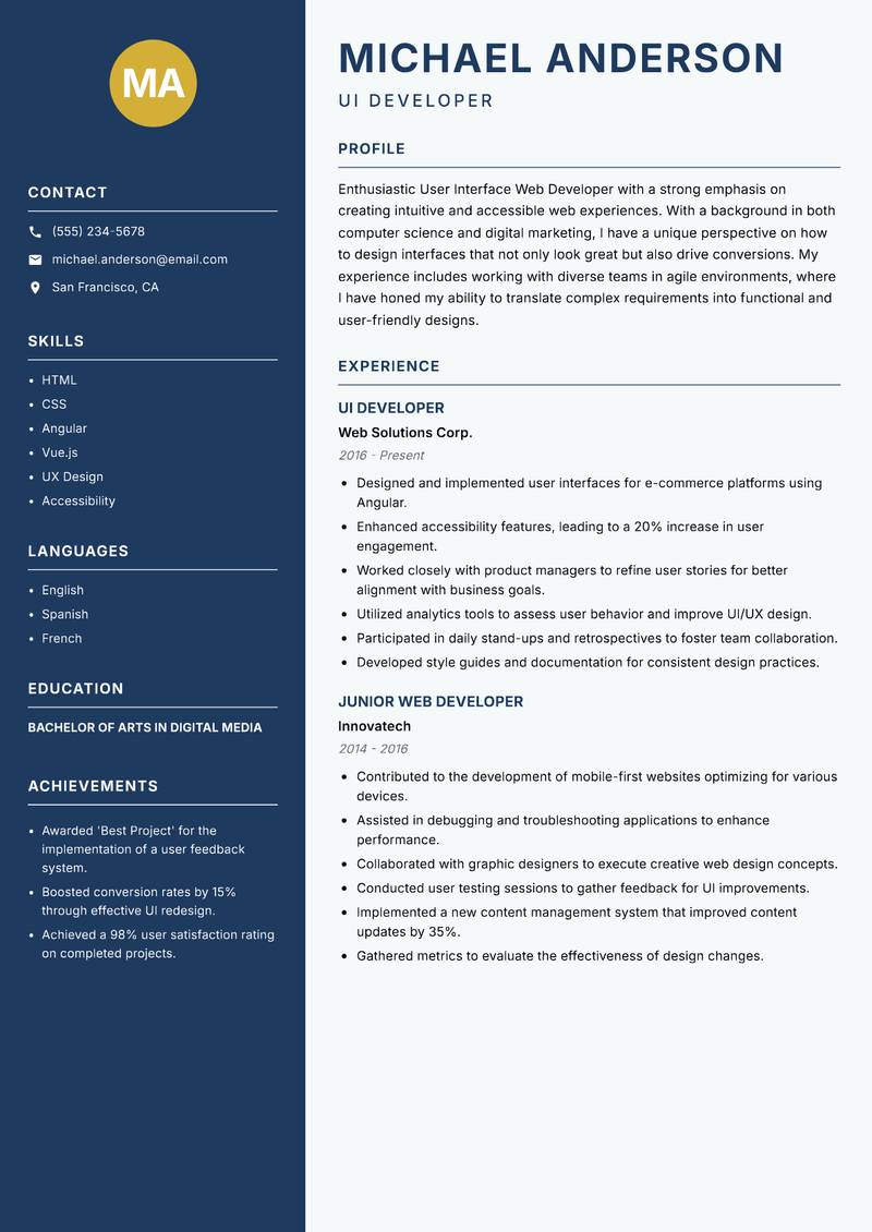 User Interface Web Developer Resume Preview Example