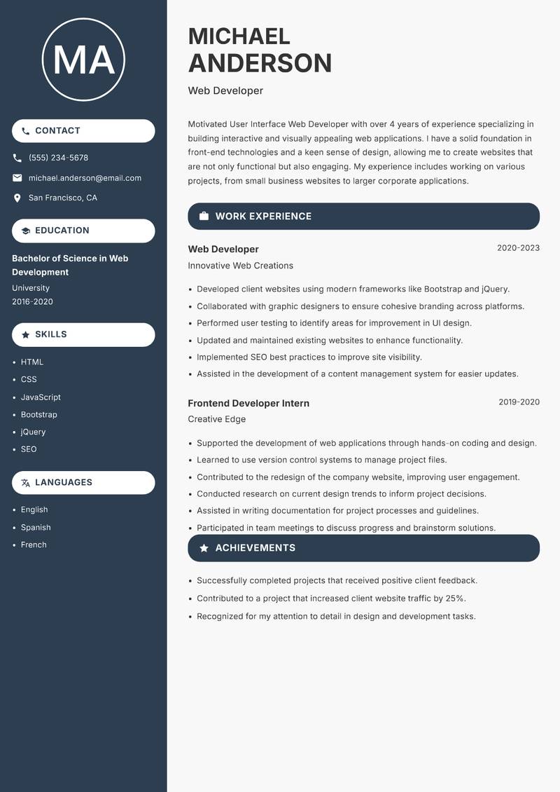 User Interface Web Developer Resume Preview Example