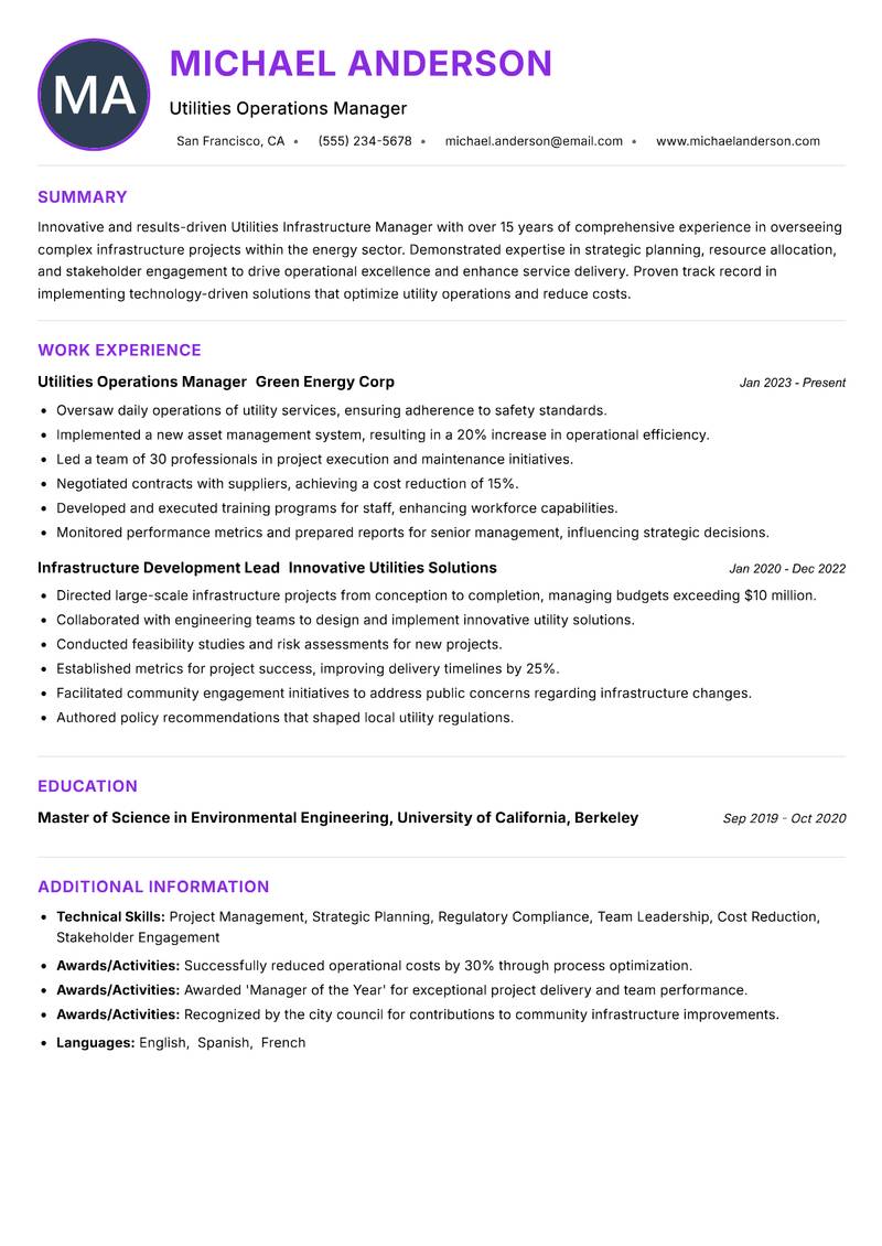 Utilities Infrastructure Manager Resume Preview Example