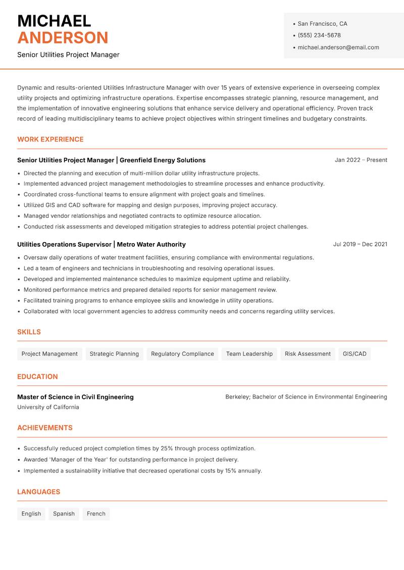 Utilities Infrastructure Manager Resume Template