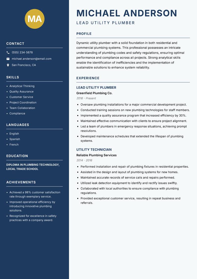 Utility Plumber Resume Preview Example