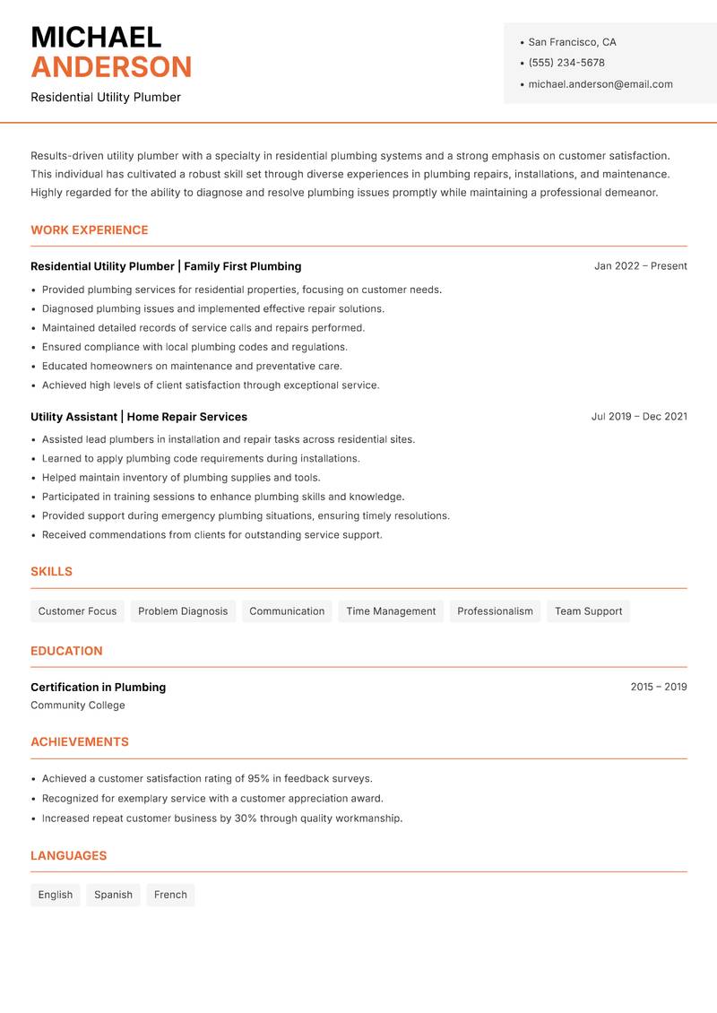 Utility Plumber Resume Template