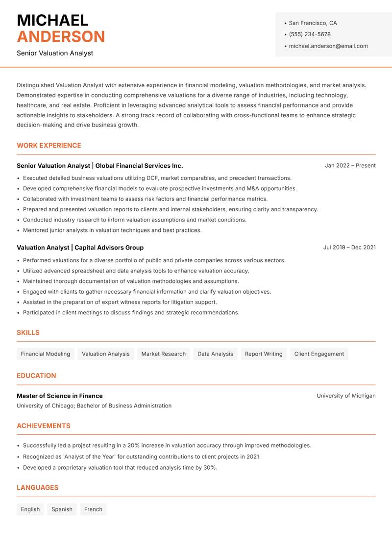 Valuation Analyst Resume Template