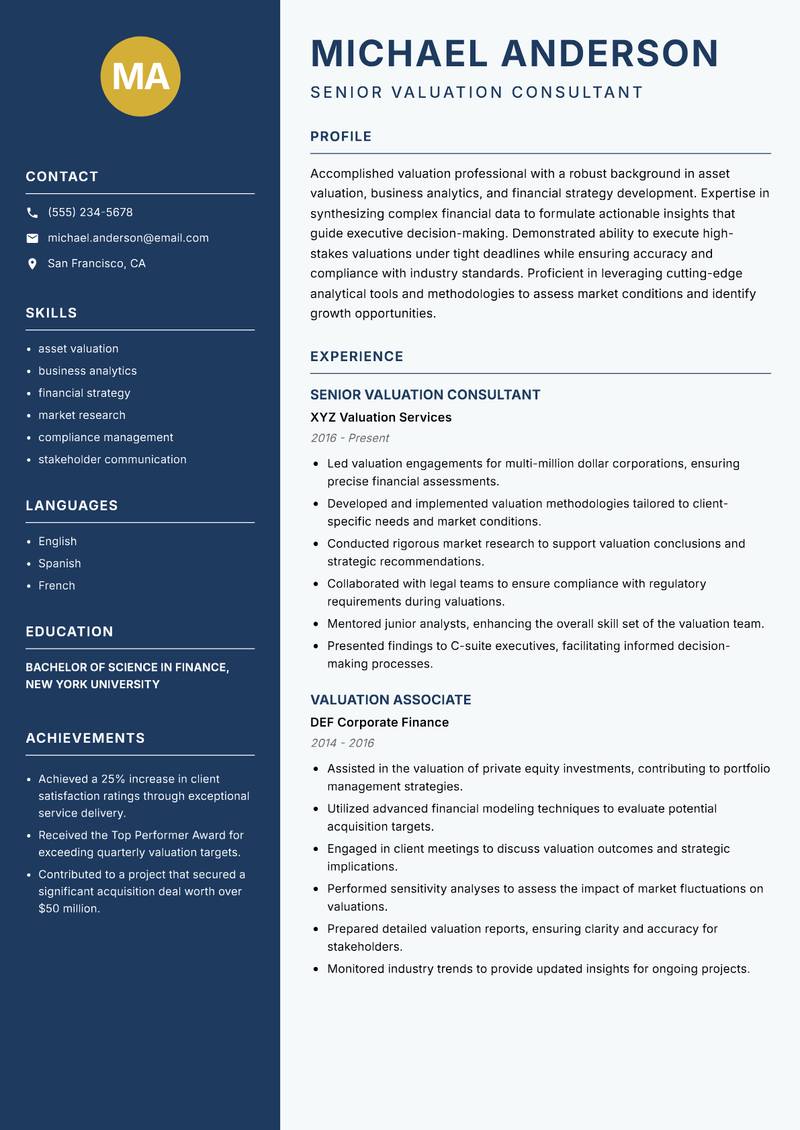 Valuation Associate Resume Preview Example