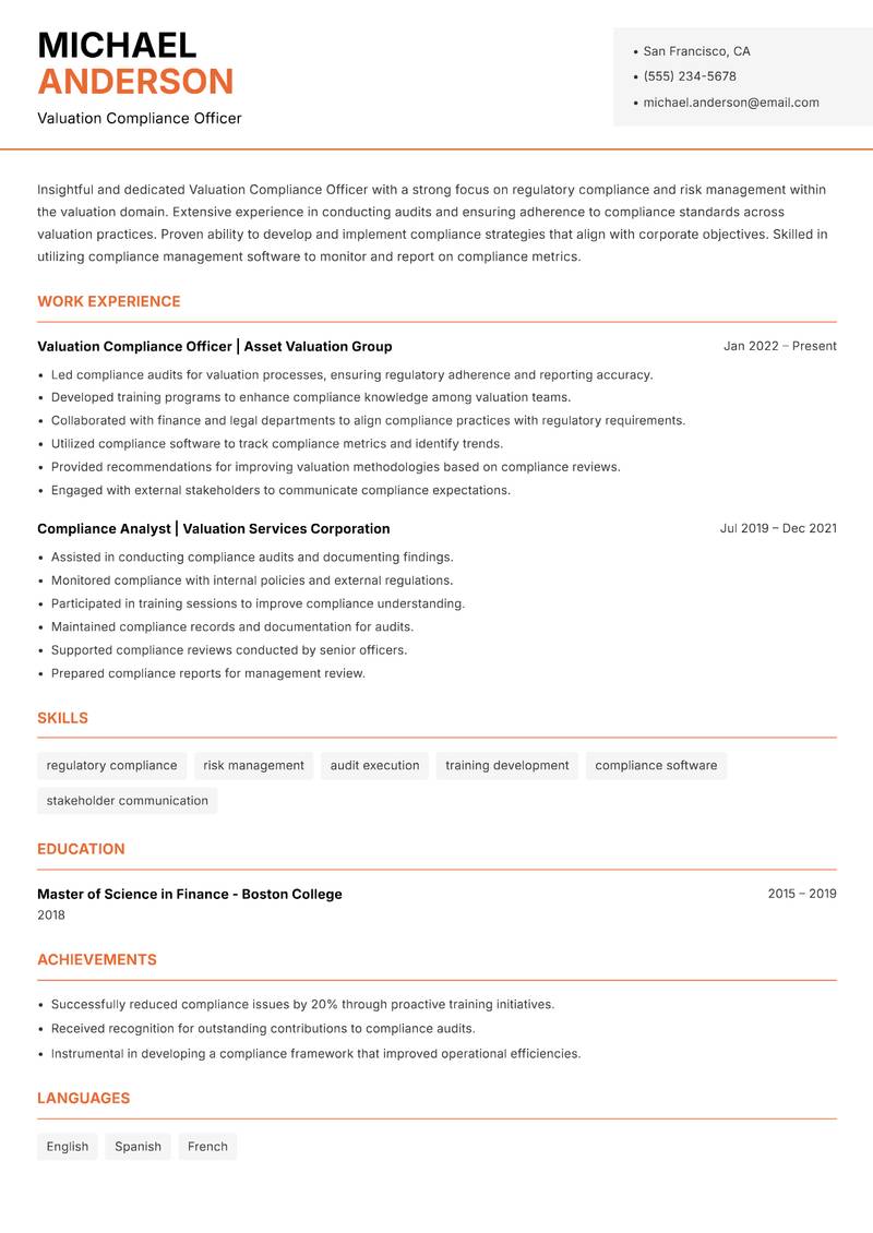 Valuation Compliance Officer Resume Template