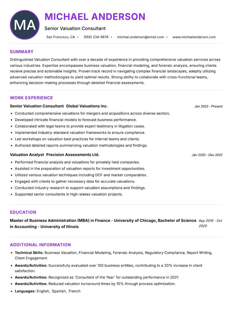 Valuation Consultant Resume Preview Example